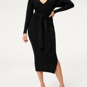 Good American Long Sleeved Tie Belt Ribbed Knit Midi Dress